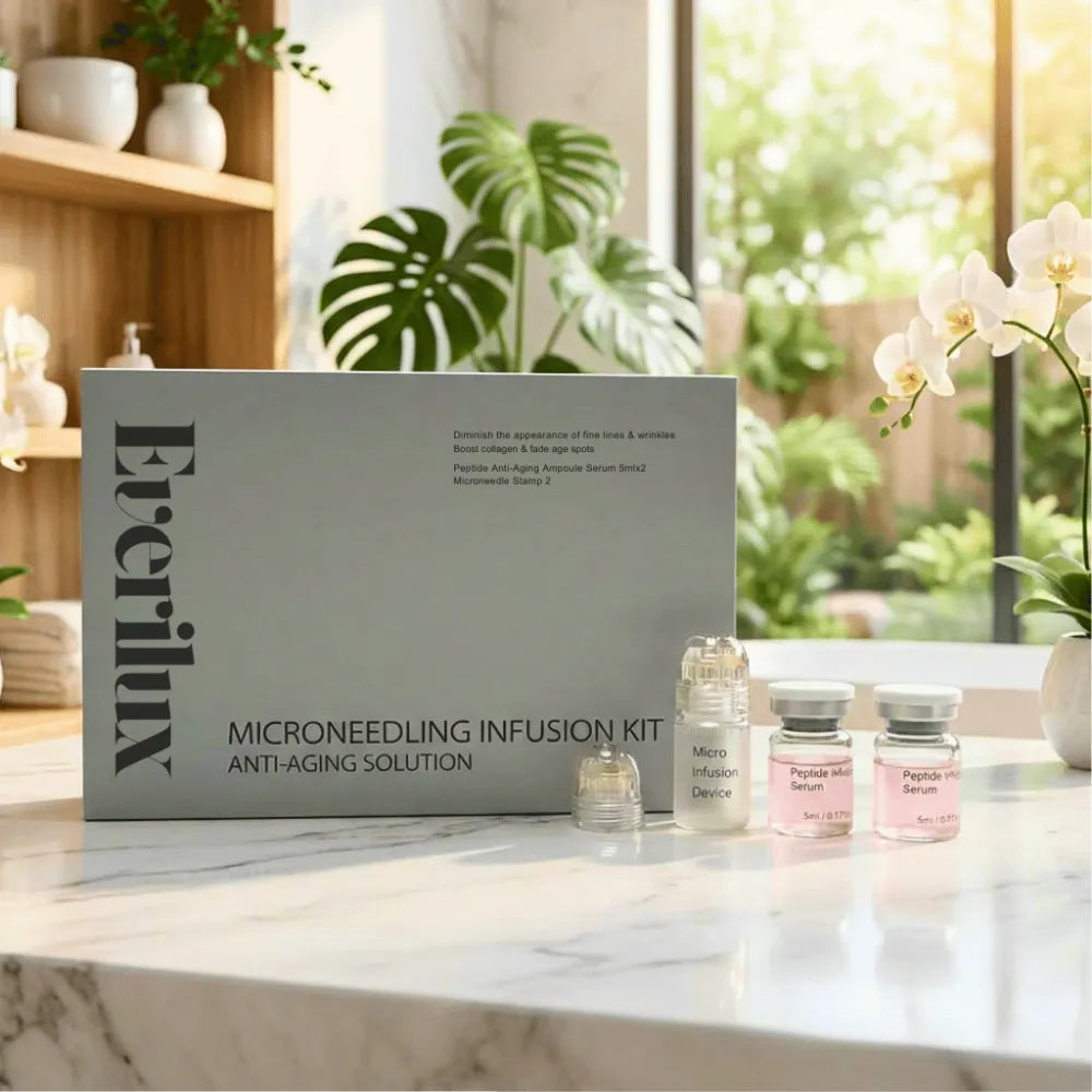 Everilux Microneedling Infusion Kit with anti-aging solution on a white surface.