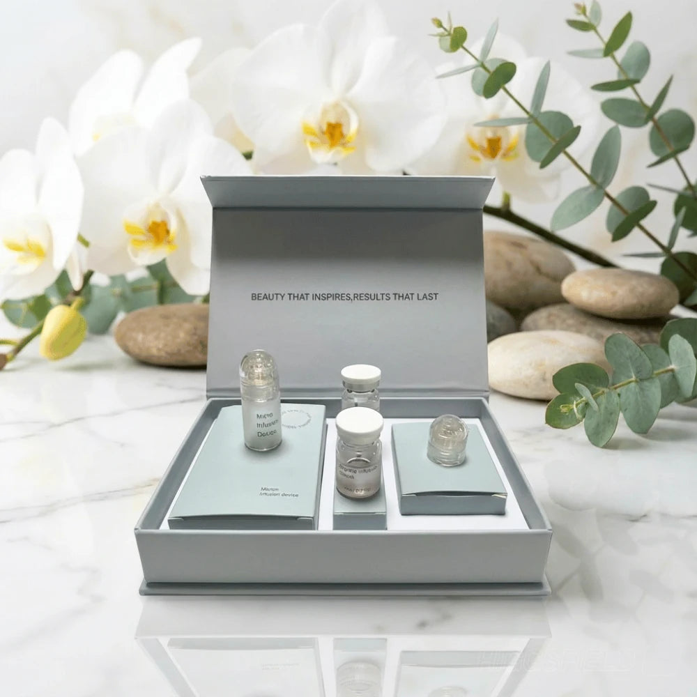 Skincare product set with bottles and a box on a marble surface with flowers and stones in the background